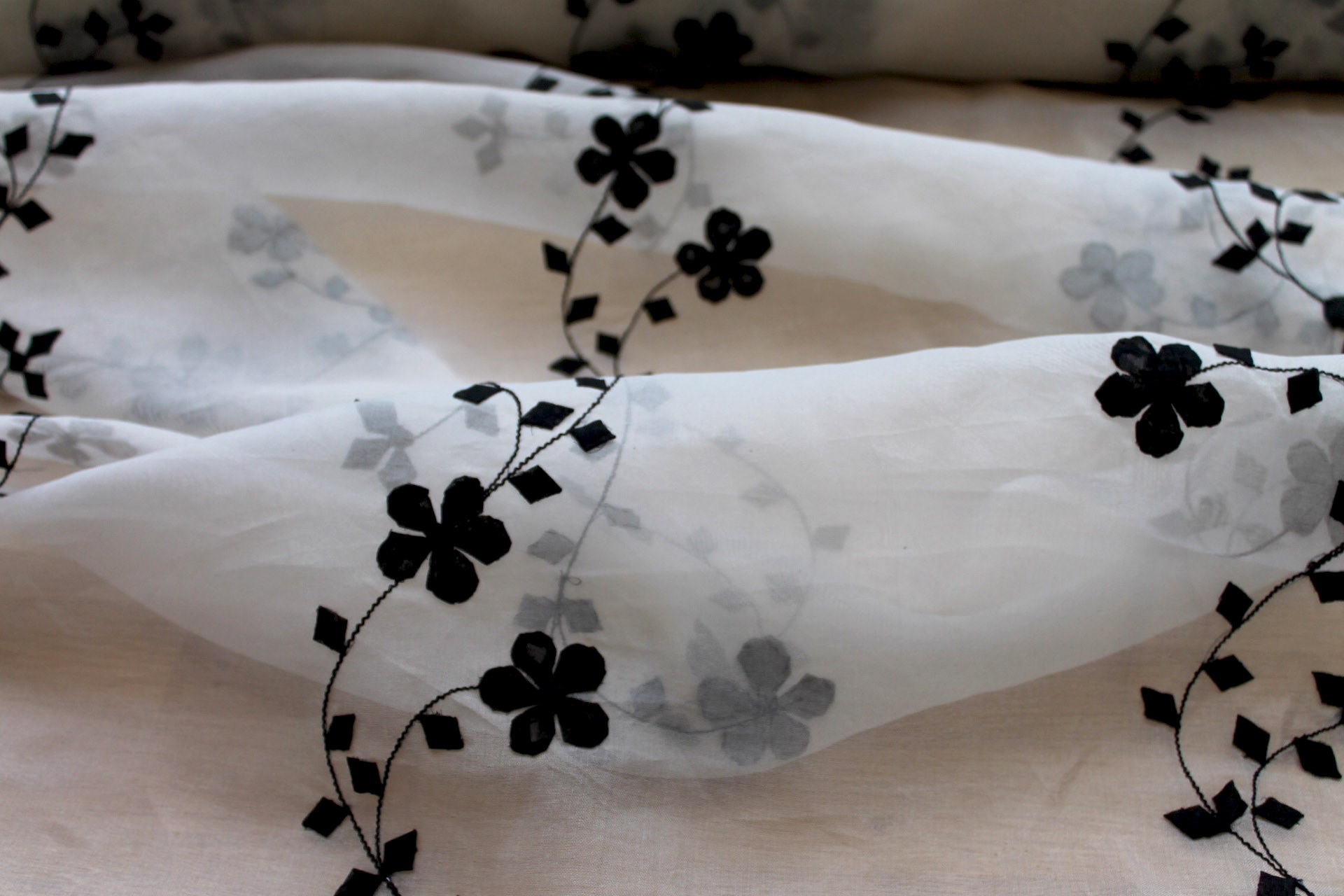 White Silk Organza Black Applique Flowers