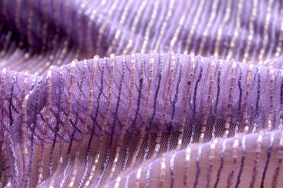 Lilac Tulle with Embroidered and Bugle Beaded Stripes