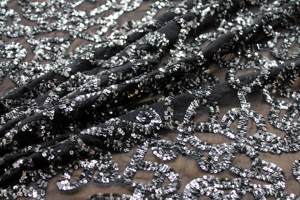 Black and silver micro sequin swirls on chiffon