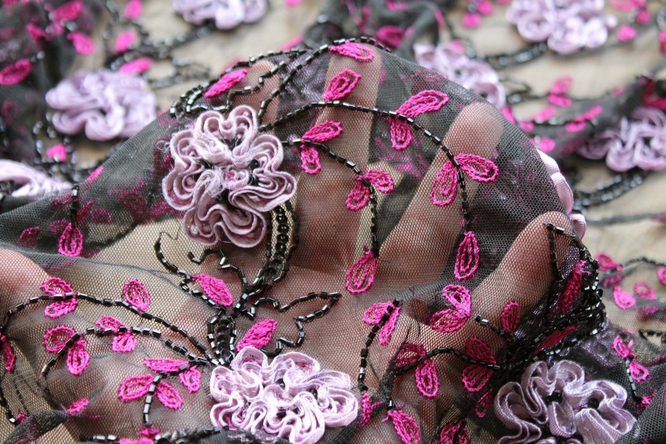 Black Tulle with Pale Lilac Ribbon Flowers, Black Beads and Pink Embroidered Leaves