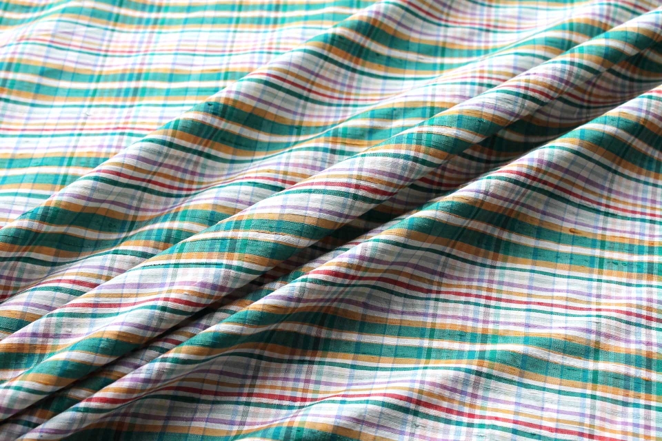 Tartan Check Silk Dupion - Ivory, Green, Lilac and Mustard