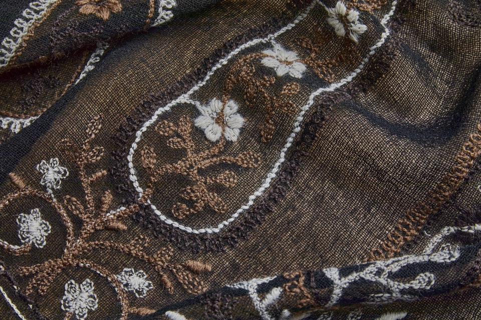 Embroidered Wool Muslin Crepe Paisley - Natural and Brown on Black