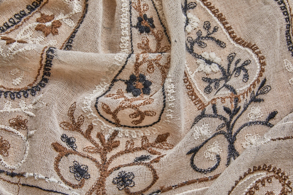 Embroidered Wool Muslin Crepe Paisley - Natural and Brown on Ecru