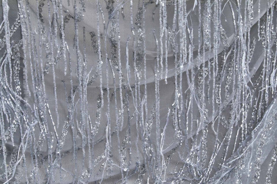 Beaded and Sequinned Nylon Tulle with Tassle Strings of Beads - Pale Grey