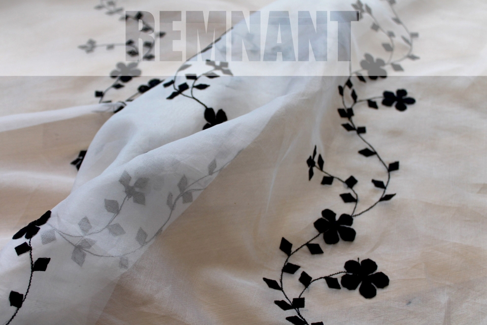 REMNANT - White Silk Organza - Black Applique Flowers - 0.3m Piece