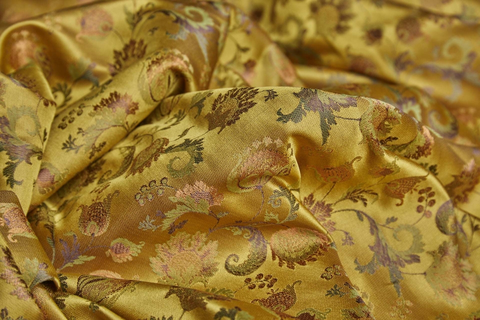 Floral Satin Brocade - Green, Brown and Orange on Yellow