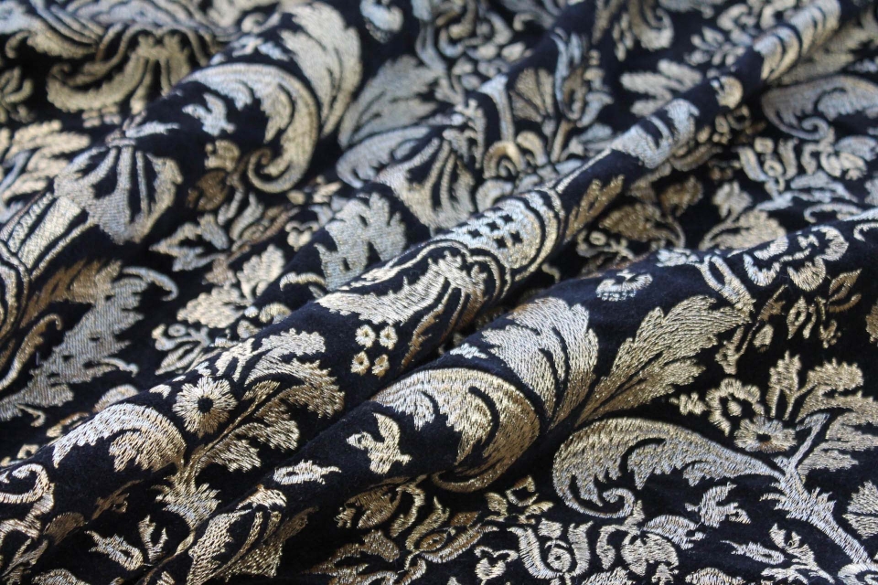 Heavy Jacquard Style Embroidery on Cotton Velvet - Gold on Black