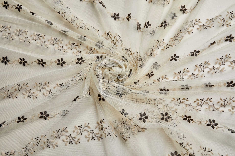 Brown and Cream Flowers Embroidered on Creamy Beige Tulle