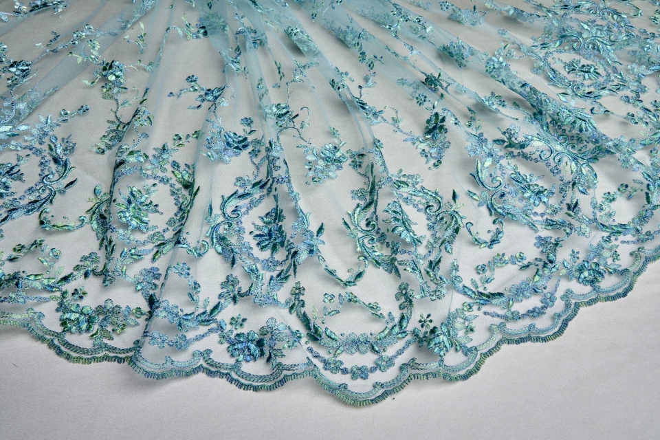  Regency Style Border Embroidery on Tulle in Variegated Green and Teal