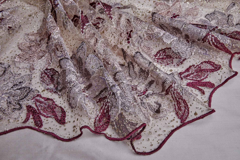 NEW BRIDAL - Larger Burgundy / Pink Flowers Embroidered on Gold Glitter Illusion Tulle 