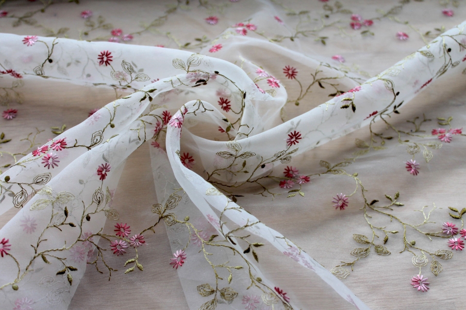 NEW BRIDAL - Dainty Pink Floral Embroidery on Ivory Organza