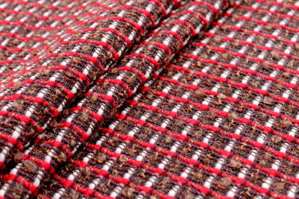 Chunky Textured Check Coating - Brown, Red and Cream