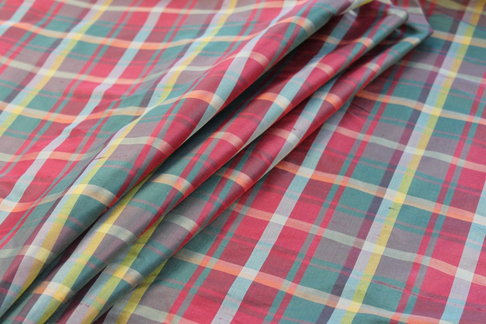 Tartan Check Silk Taffeta - Red, Khaki, Yellow and Green