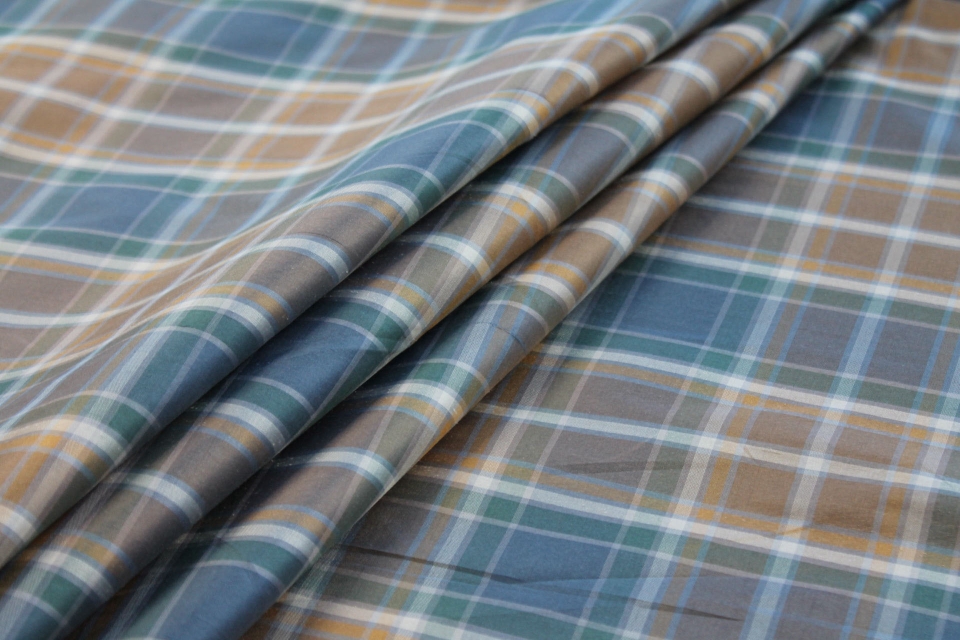 Tartan Check Silk Taffeta - Caramel, Brown and Dusty Blue