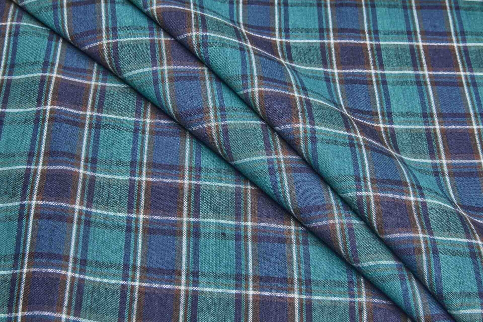 Rustic Cotton Check Shirting - Green, Navy and Brown