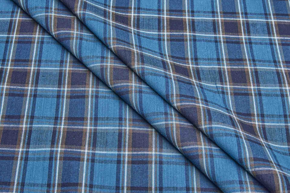 Rustic Cotton Check Shirting - Teal, Navy and Brown