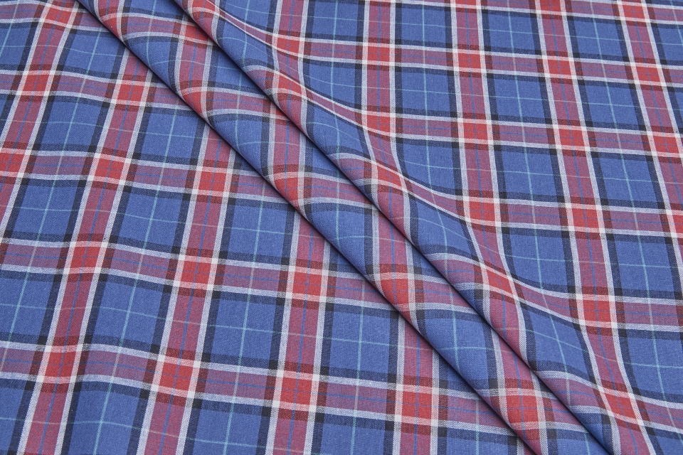 Rustic Cotton Check Shirting - Light Navy and Red