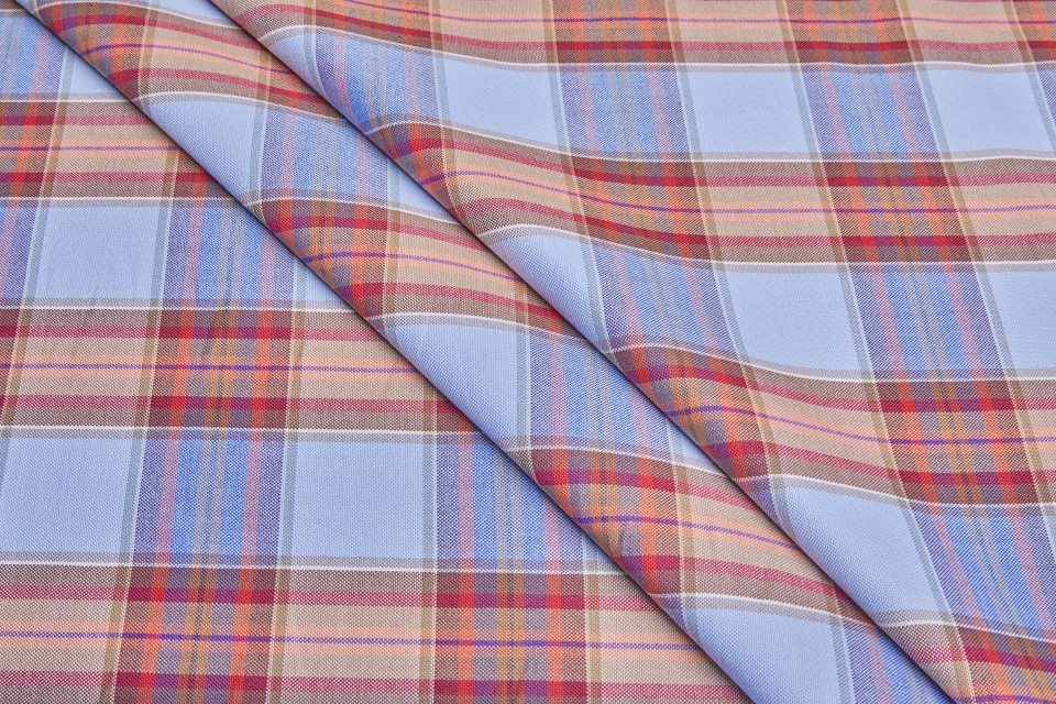 Italian Cotton Check Shirting - Pale Blue, Rust and Taupe