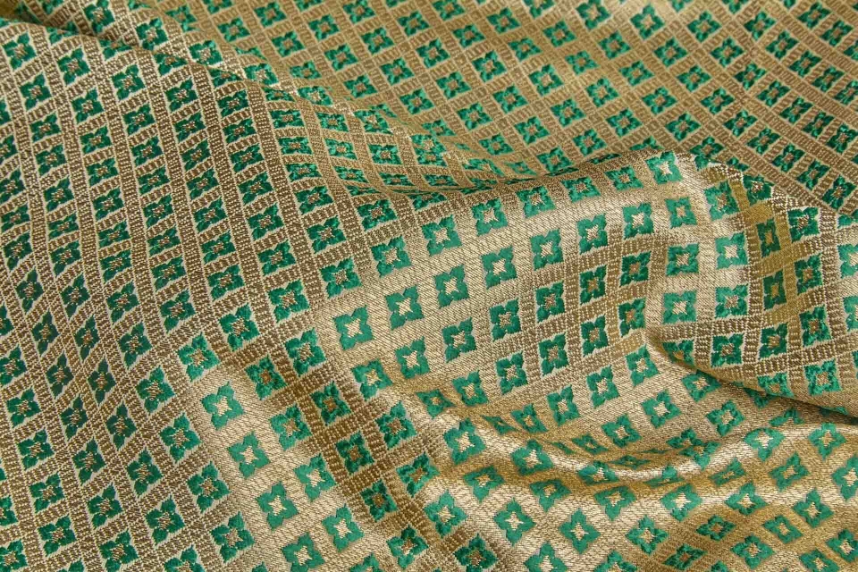 Geometric Banaras Brocade - Emerald Green & Gold Metallic