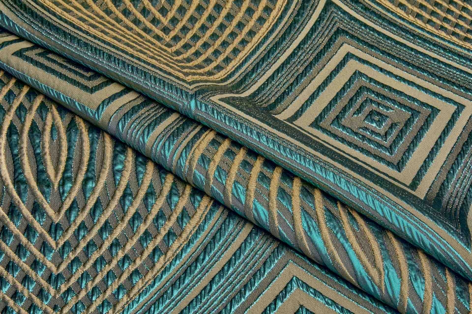 Large Geometric Reversible French Jacquard - Brown, Teal and Antique Copper