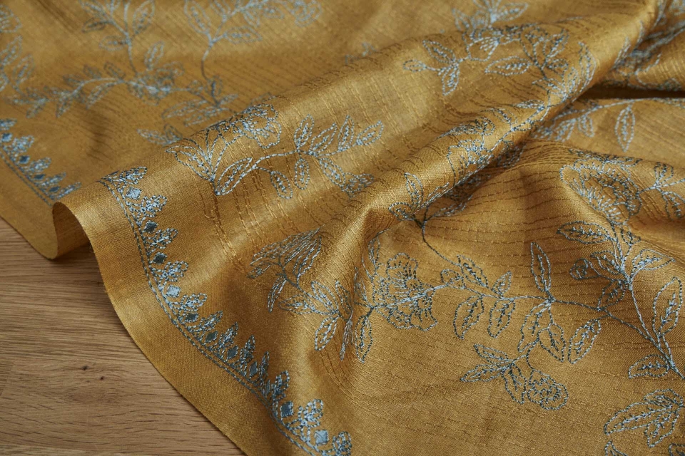 Embroidery on Silk Tassar - Mint Floral on Mustard Yellow