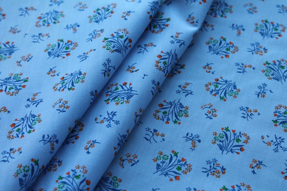 Vintage Printed Cotton - Orange, Blue and Green on Sky Blue