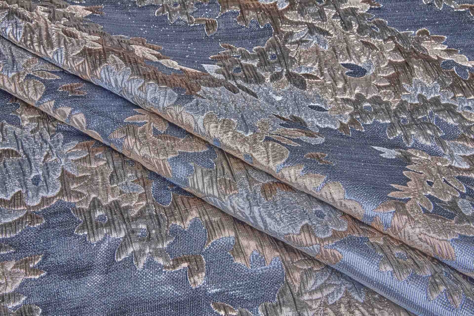 Large Floral Metallic French Cloque - Steel Blue, Grey, Copper & Pale Gold 