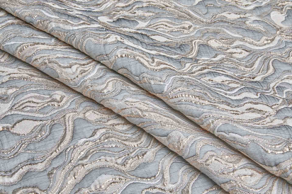 Textured "Marble" Brocade - Pale Blue Grey, Ivory / Rose Gold Metallic