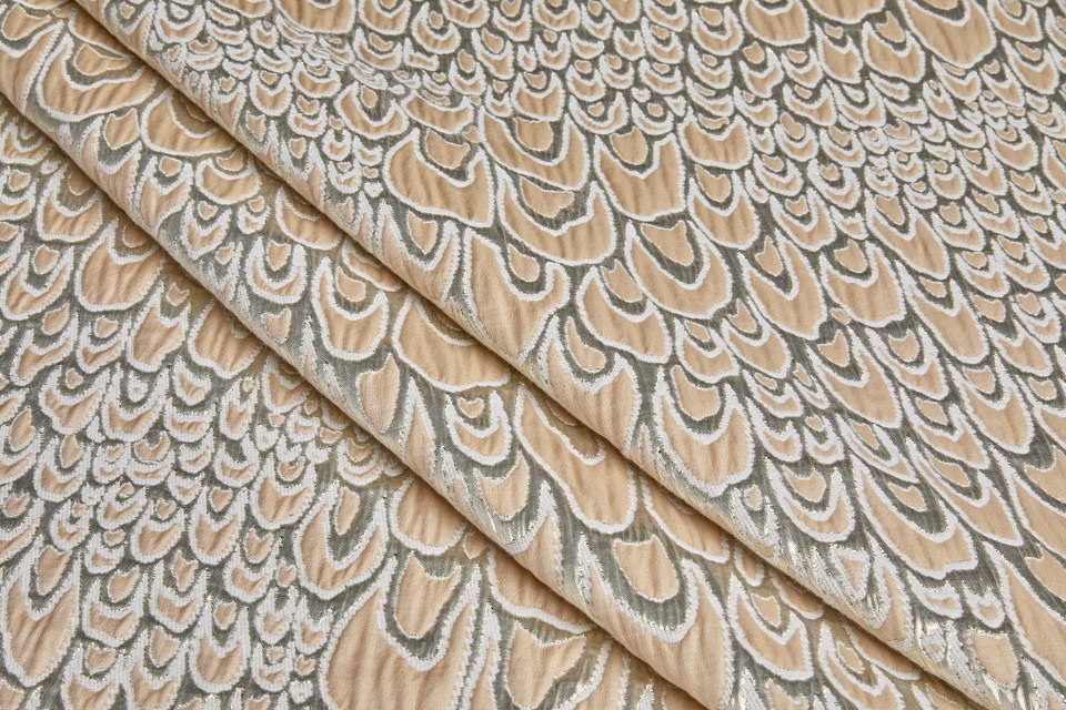 Textured Feather / Scale Brocade - Cream and Nude / Gold Metallic