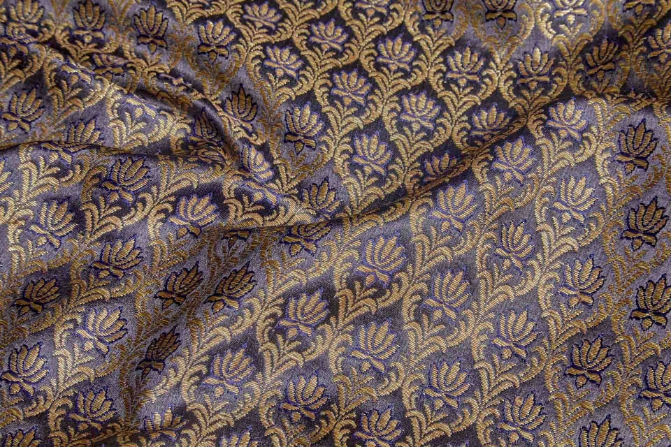 "Lotus Flower" Banaras Brocade - Inky Blue & Metallic Gold