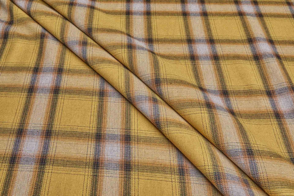 Poly Cotton Flannel Check Shirting - Mustard and Grey