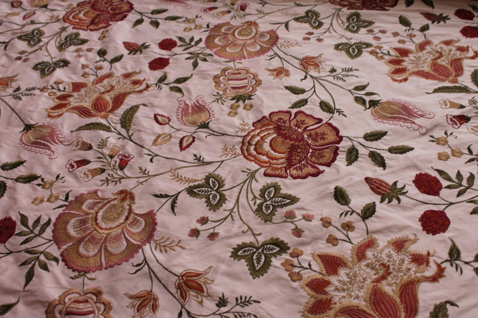Large Floral Embroidery on Pale Pink Silk Dupion