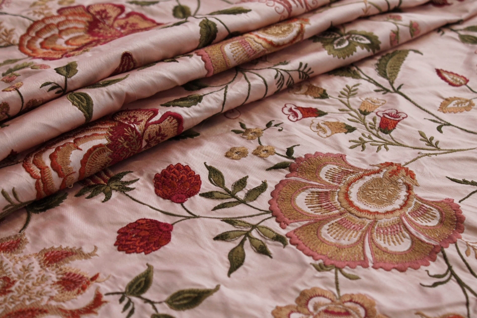 Large Floral Embroidery on Pale Pink Silk Dupion