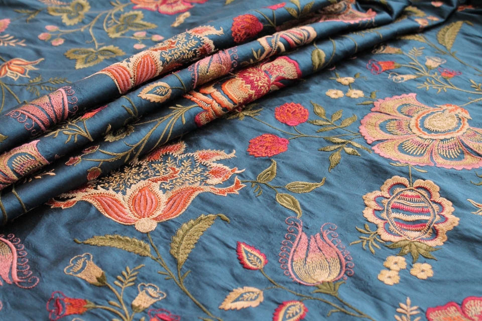 Large Floral Embroidery on Dark Blue Silk Dupion