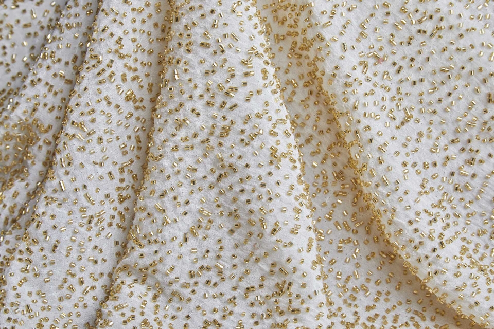 Beaded Silk Chiffon - Off White with Gold Beads (New)