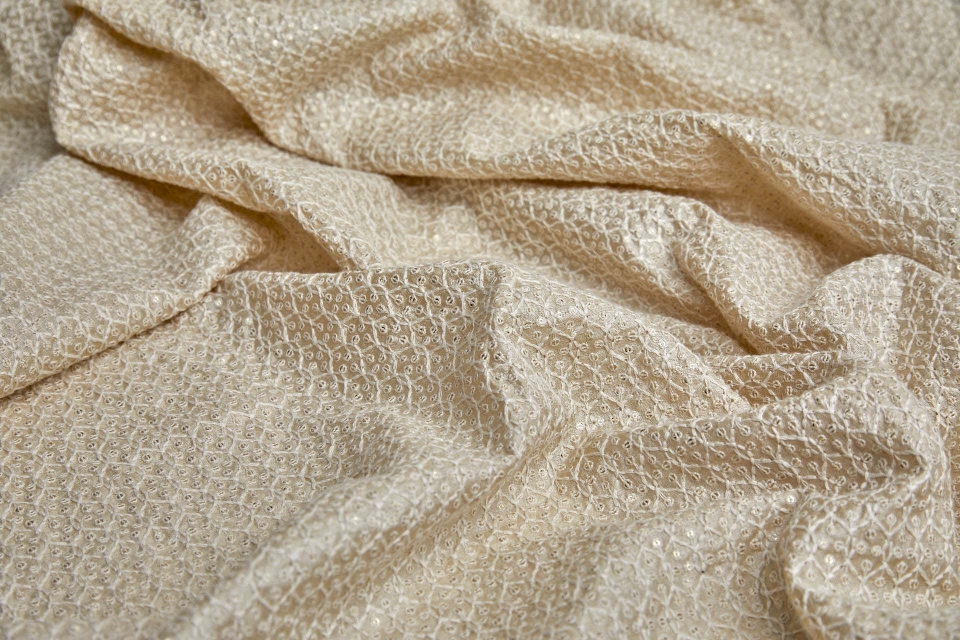 OUT OF STOCK - Cream Trellis Embroidery with Gold Sequins on Natural Silk Tassar