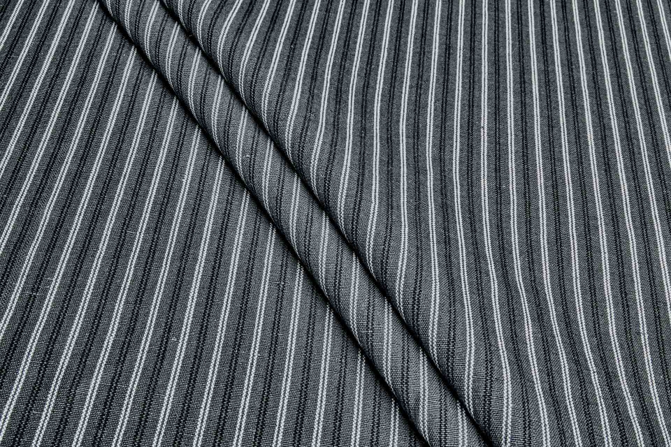 Striped Linen Canvas - Charcoal with White and Black