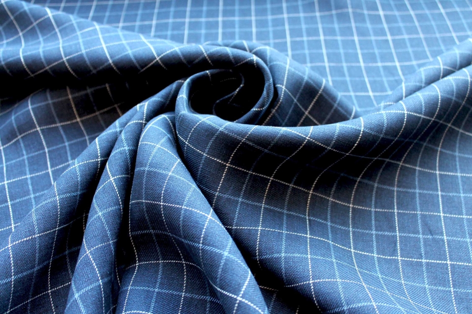 "Windowpane" Checked Linen in Navy, Mid Blue and Off White