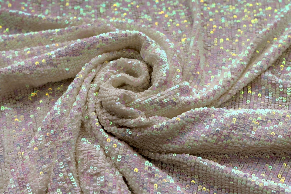 Overlapping Micro Sequin On Silk Chiffon - Iridescent White on Ivory