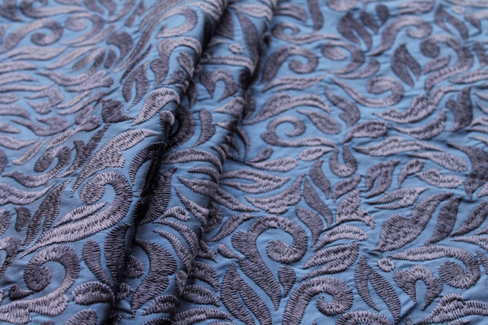 Large Swirly Embroidered Dupion - Navy on Navy