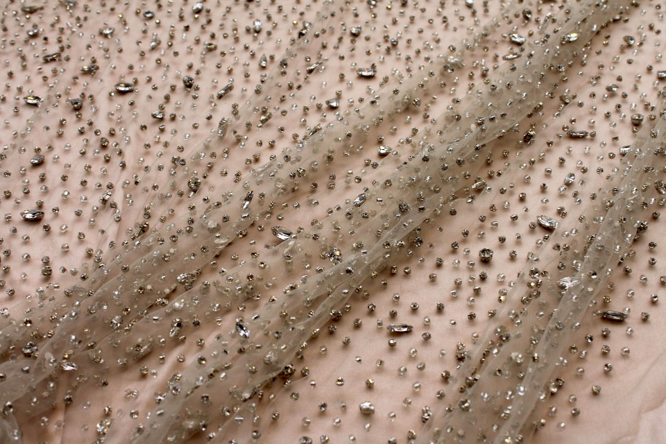 Clear Crystals and Glass Beads on Nude Nylon Tulle