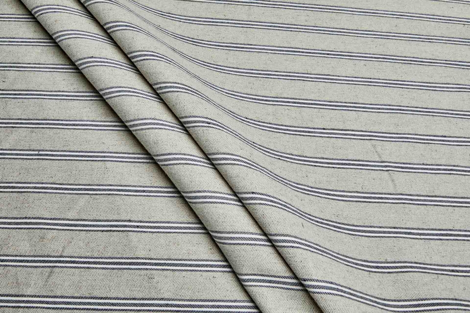 Striped Herringbone Linen - Stone, Ecru and Indigo