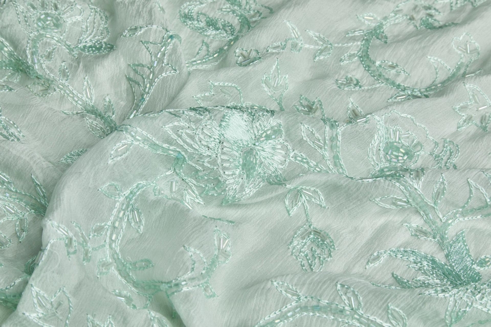 Vintage Hand Stitched and Beaded Silk Chiffon in Mint