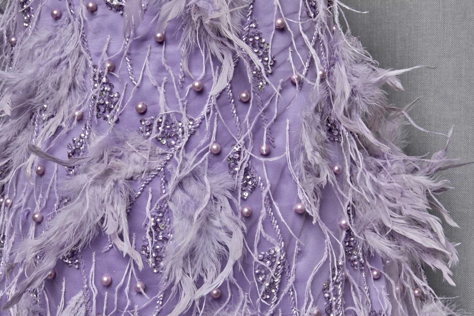 Beaded and Sequinned Tulle with Pearls and Feathers - Lilac