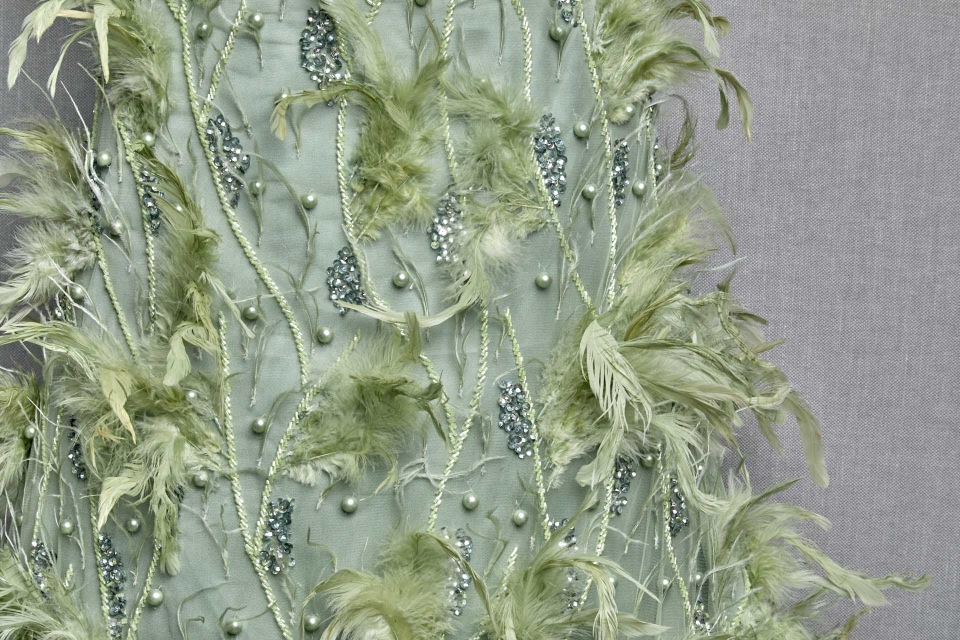 Beaded and Sequinned Tulle with Pearls and Feathers - Sea Spray and Spring Green