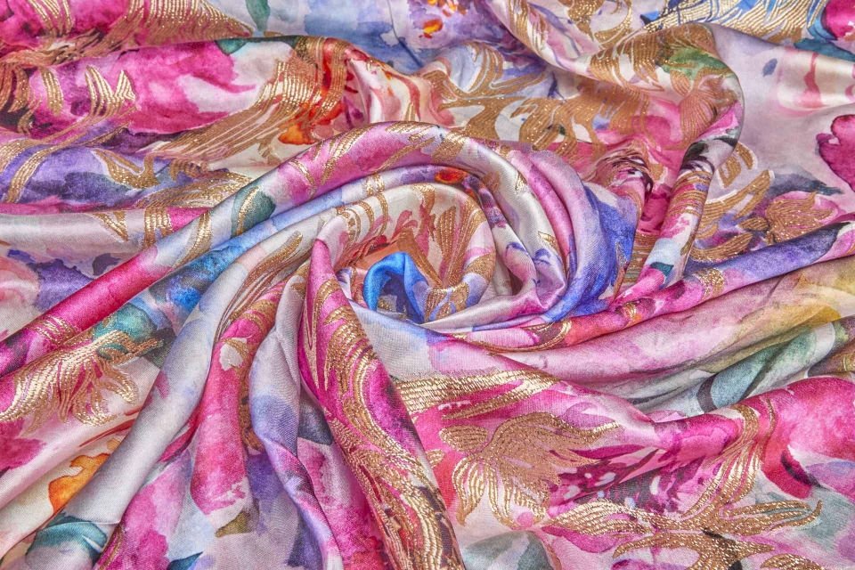 Water Colour Floral Satin Brocade - Purple, Pink & Gold