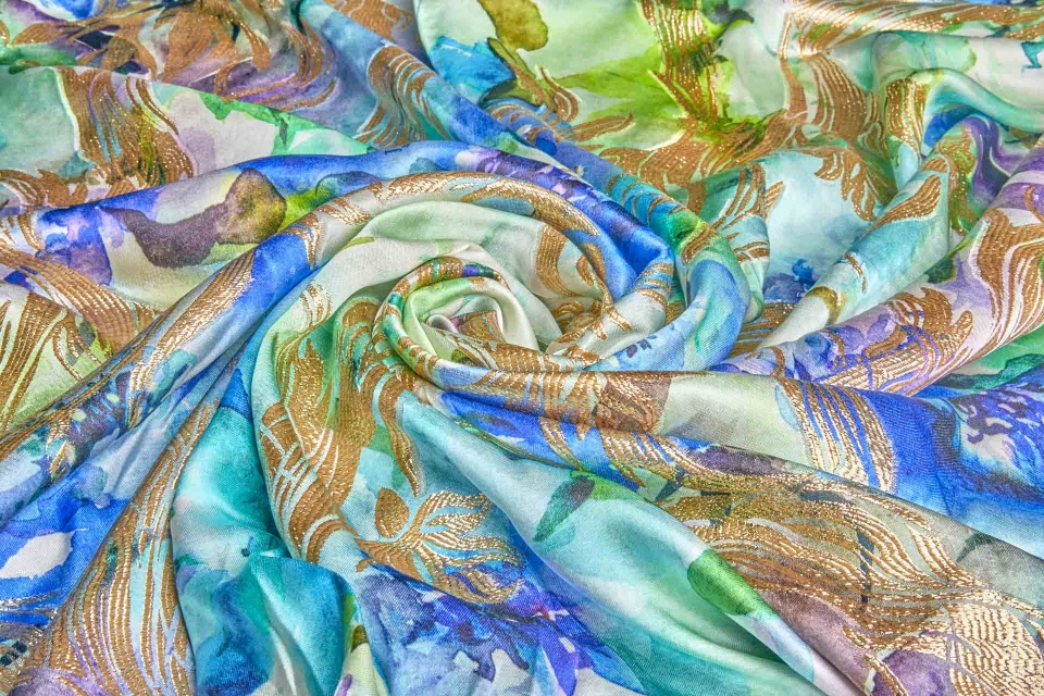 Water Colour Floral Satin Brocade - Green, Blue & Gold