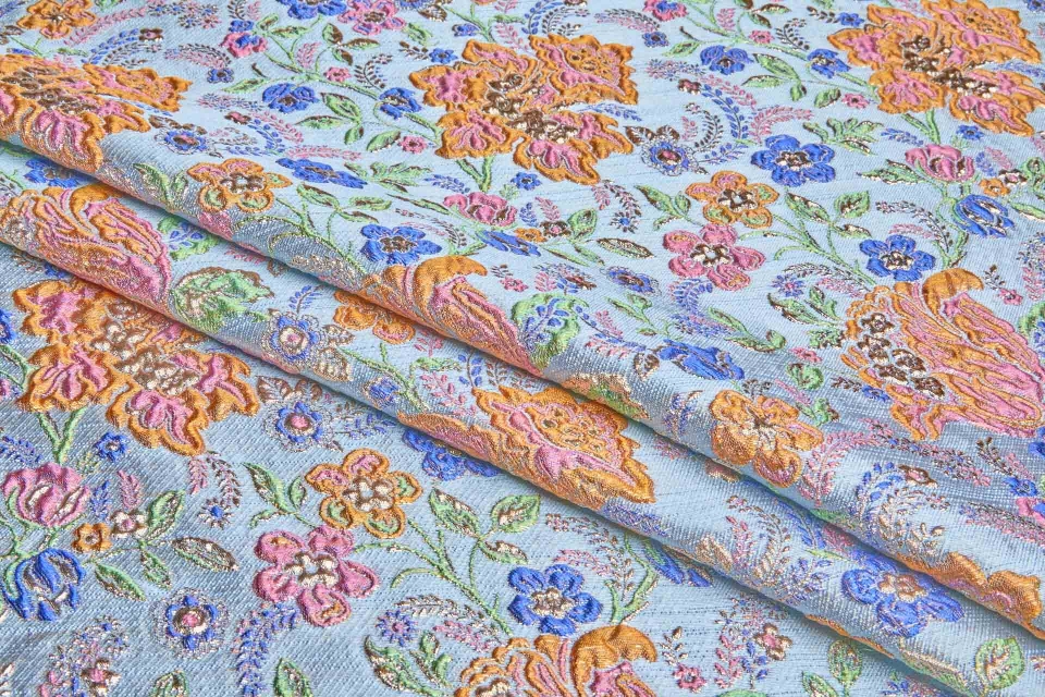 "Summer Garden" Floral Cloqué Brocade - Multi Colour with Gold on Pale Blue