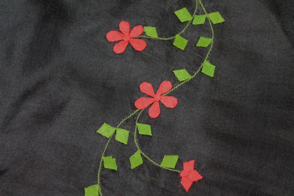 Black Silk Organza - Red and Green Applique Flowers