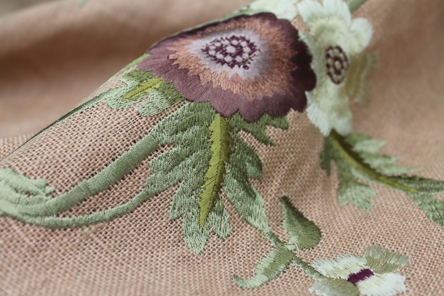 Floral Embroidered Linen in Plum and Pale Green on Tea Rose
